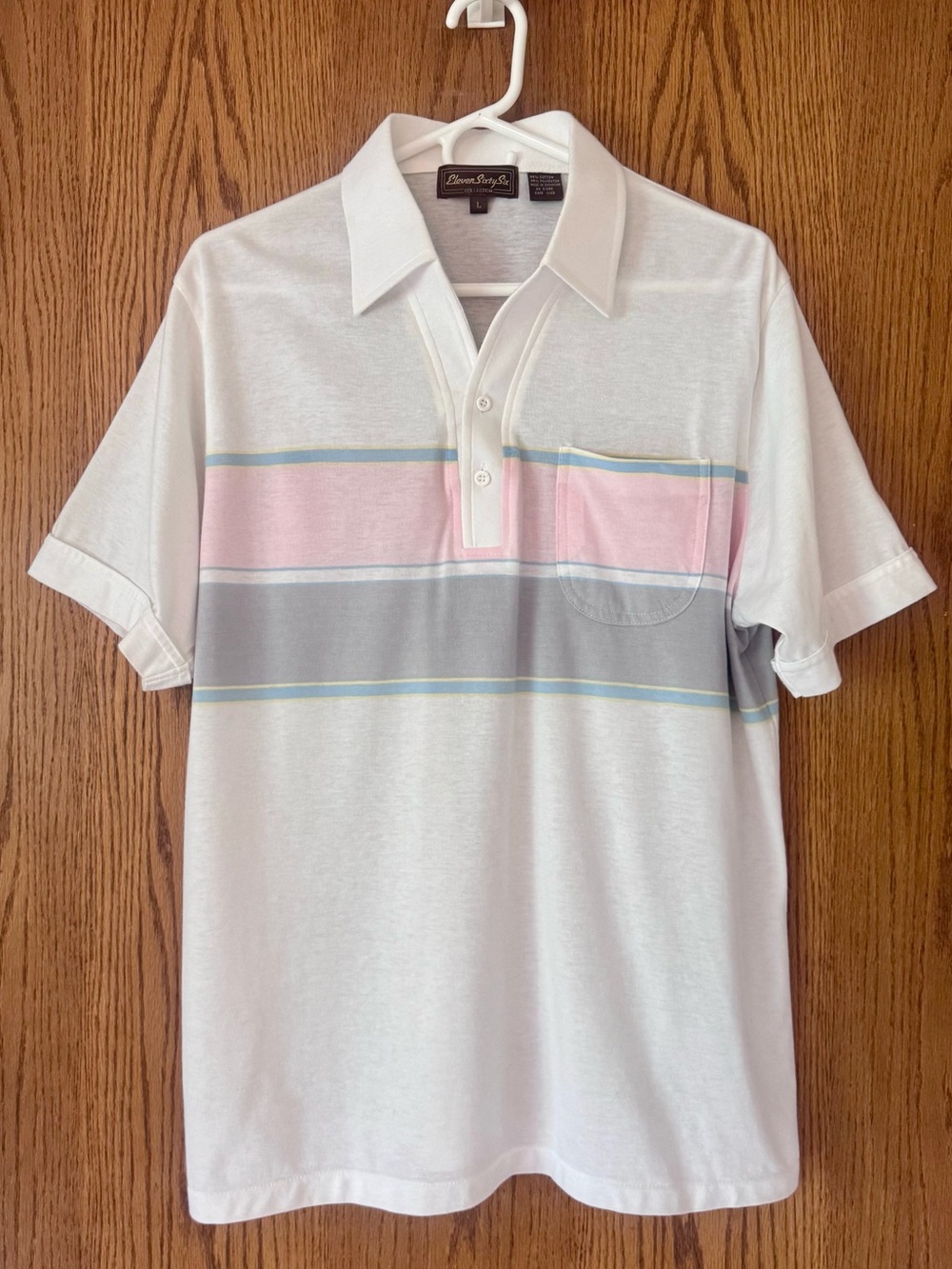 Men’s Vintage Striped Polo Shirt Large White Pink Grey Pocket Casual